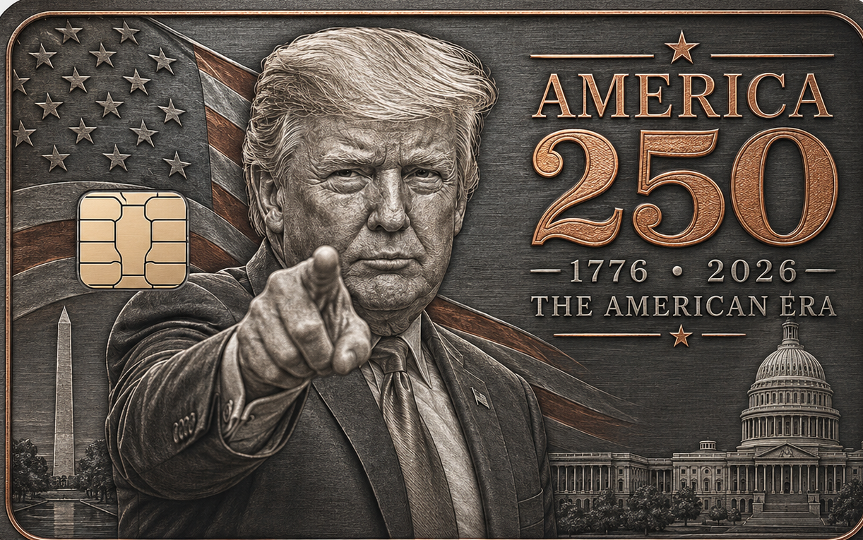 Commemorative metal credit card with a patriotic figure, the Capitol dome, the Washington Monument, and The American Era 1776-2026 lettering