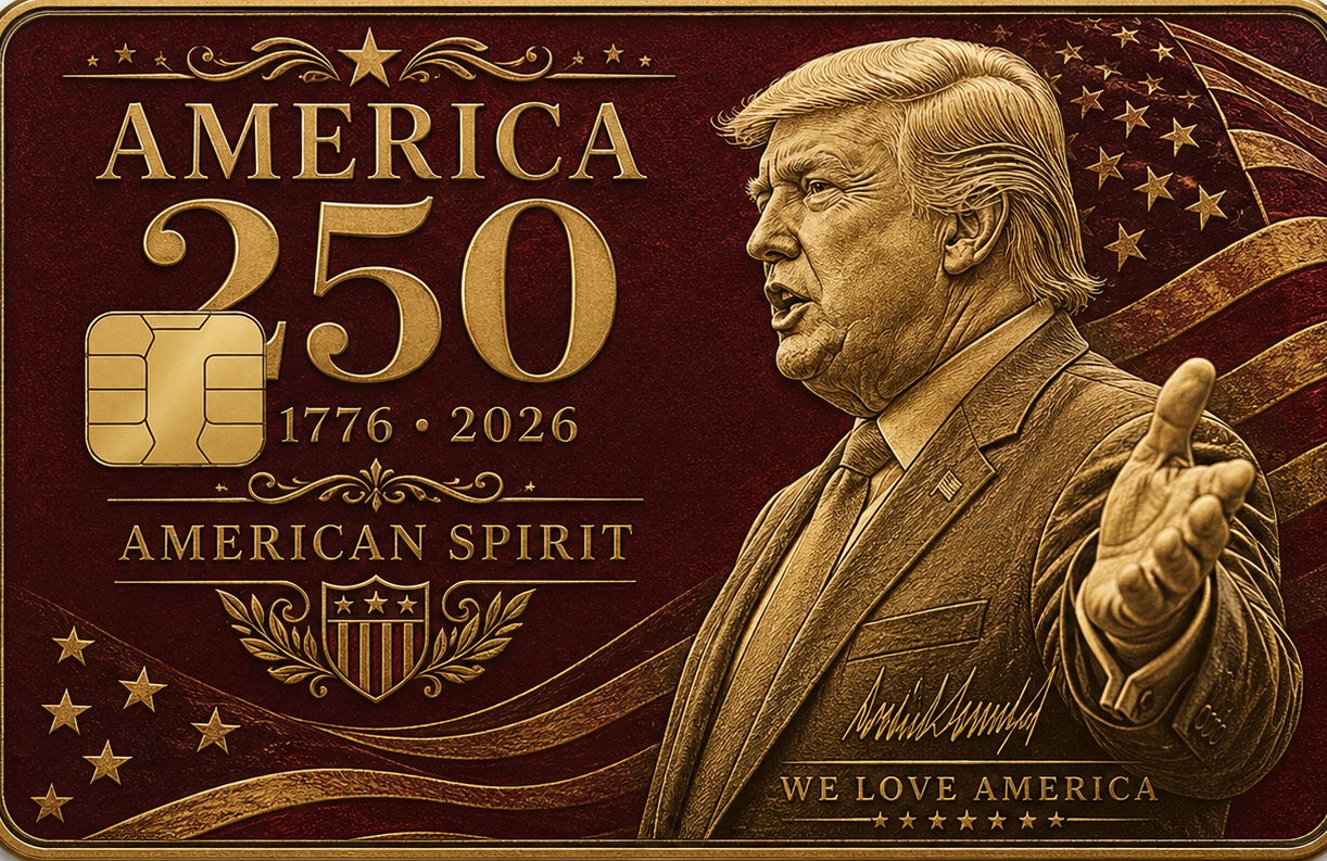 Burgundy and gold commemorative metal credit card with a patriotic profile portrait, shield emblem, stars, and American Spirit lettering