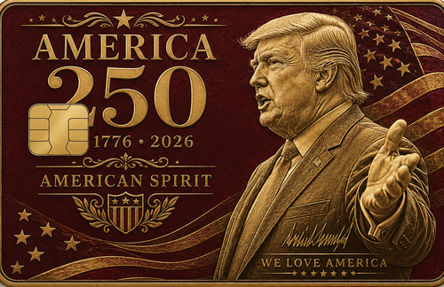 Burgundy and gold commemorative metal credit card with a patriotic profile portrait, shield emblem, stars, and American Spirit lettering