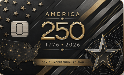 Modern commemorative metal credit card with a US map of golden interconnected city lights, large 250 numerals, and Semiquincentennial Edition lettering