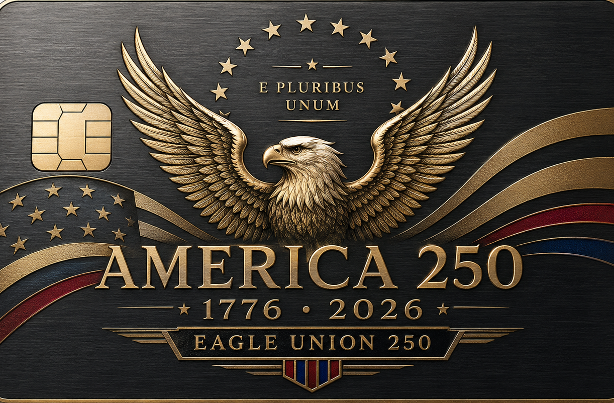 Commemorative metal credit card with the Great Seal eagle, E Pluribus Unum motto, flag waves, stars, and Eagle Union 250 lettering