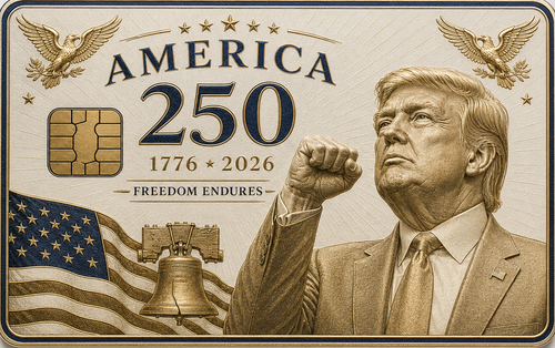 Cream-toned commemorative metal credit card with a patriotic figure, the Liberty Bell, and Freedom Endures lettering