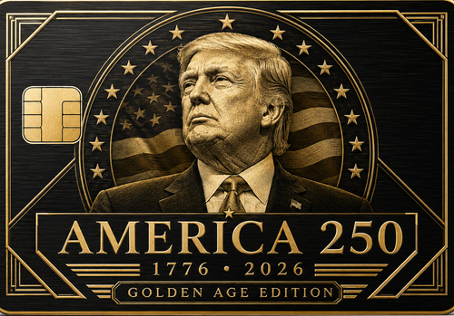 Commemorative metal credit card with a profile portrait in an ornate circular medallion over a flag background and Golden Age Edition lettering