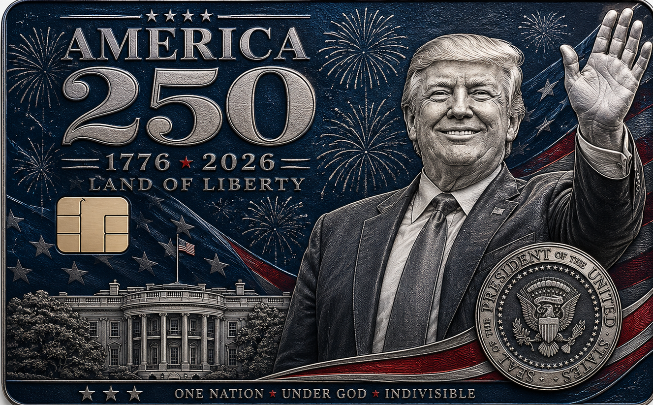 Commemorative metal credit card with a patriotic figure, the White House, fireworks, a presidential seal, and Land of Liberty lettering