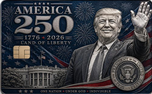 Commemorative metal credit card with a patriotic figure, the White House, fireworks, a presidential seal, and Land of Liberty lettering