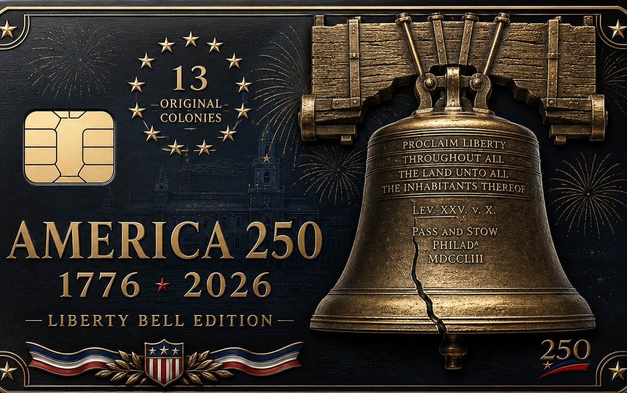Dark navy commemorative metal credit card with the Liberty Bell, a 13 Original Colonies ring motif, fireworks, and America 250 1776-2026 lettering
