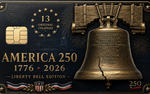 Dark navy commemorative metal credit card with the Liberty Bell, a 13 Original Colonies ring motif, fireworks, and America 250 1776-2026 lettering