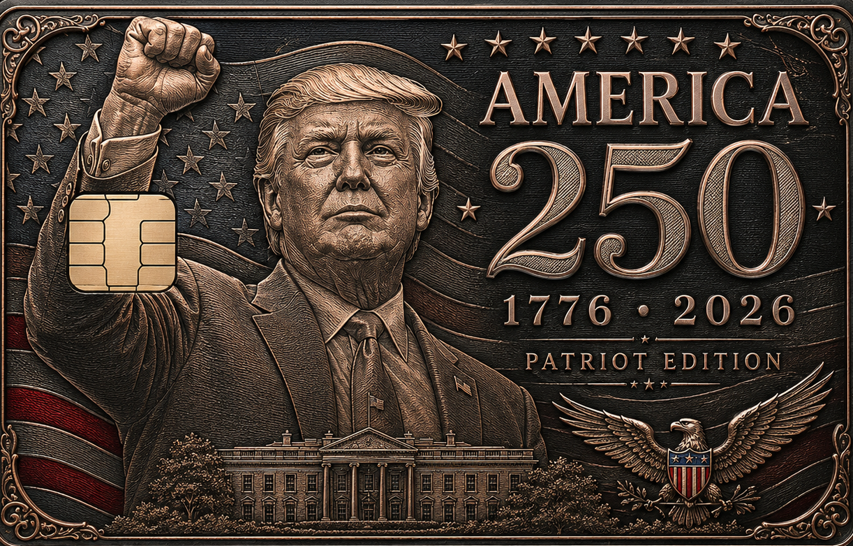 Commemorative metal credit card with a patriotic figure with raised fist, flag background, ornate border, White House, eagle seal, and Patriot Edition lettering