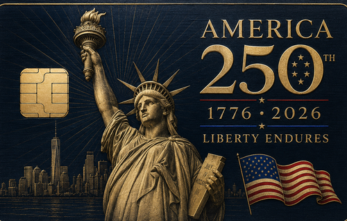 Dark navy and gold commemorative metal credit card with a full-length Statue of Liberty, NYC skyline, and Liberty Endures lettering