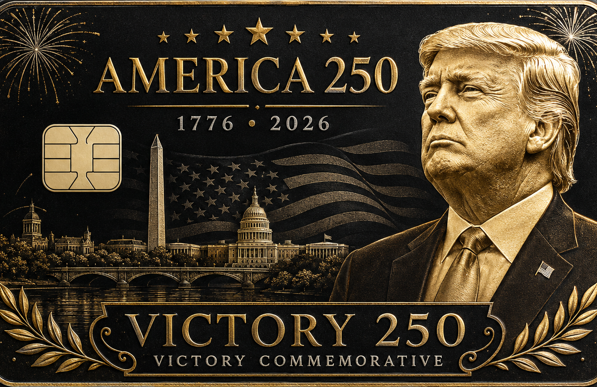 Commemorative metal credit card with a patriotic profile portrait over the DC skyline with the Capitol and Washington Monument, laurel wreaths, and Victory 250 lettering
