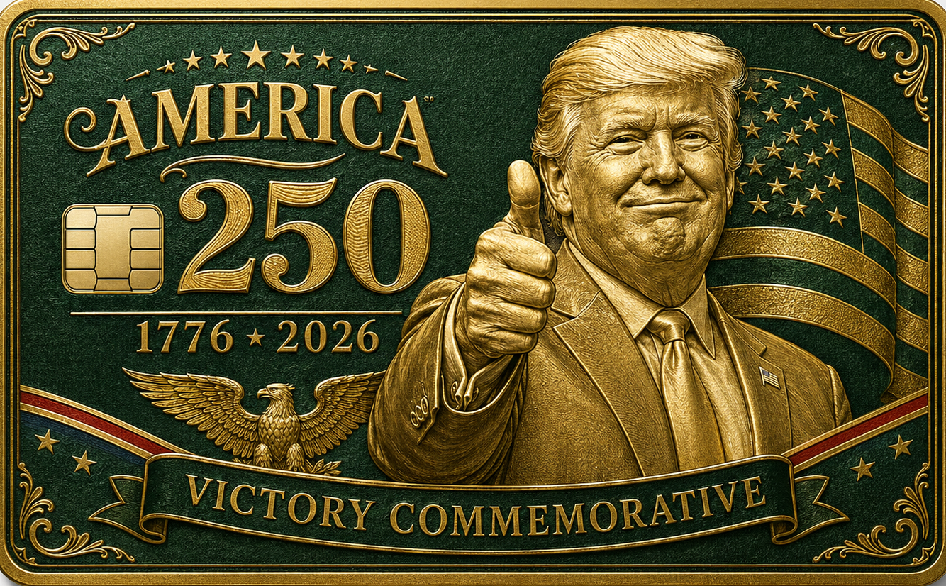 Green and gold commemorative metal credit card with a patriotic figure giving a thumbs-up, an eagle, a flag, and Victory Commemorative lettering