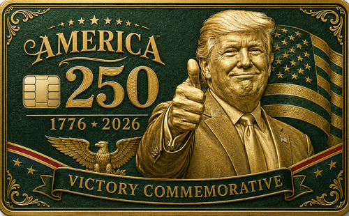 Green and gold commemorative metal credit card with a patriotic figure giving a thumbs-up, an eagle, a flag, and Victory Commemorative lettering