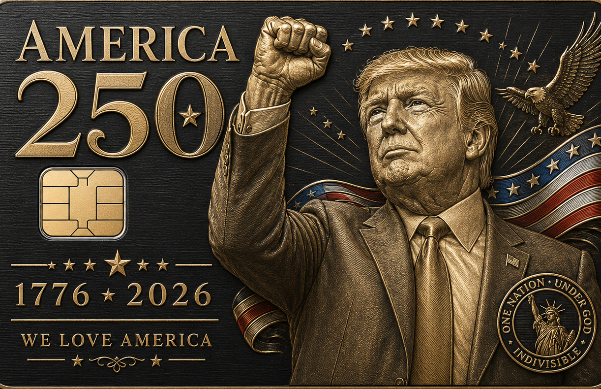 Commemorative metal credit card with a patriotic figure with raised fist, stars, and America 250 1776-2026 lettering