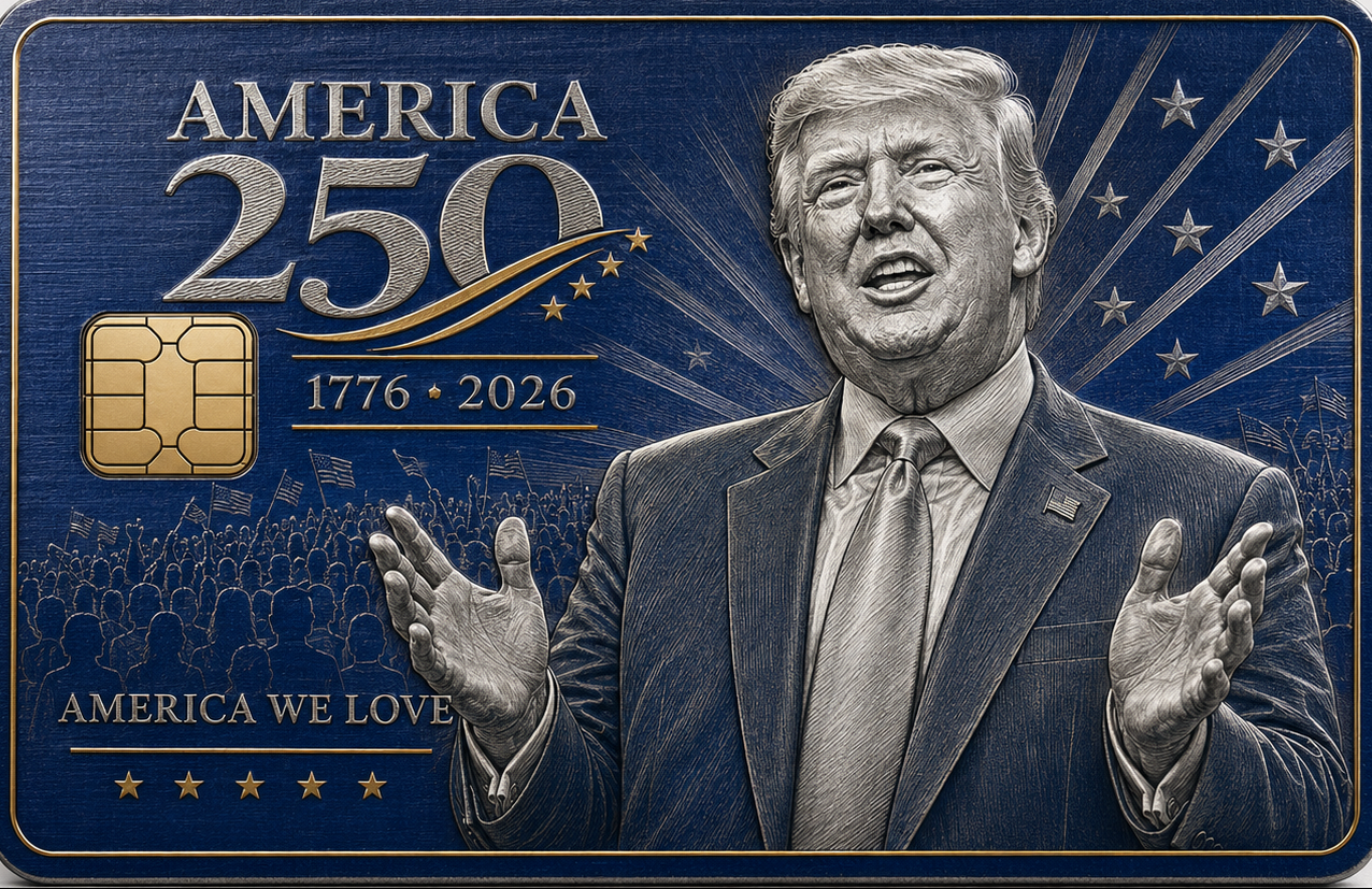 Blue and gold commemorative metal credit card with a patriotic figure above crowd silhouettes, stars, and America We Love lettering