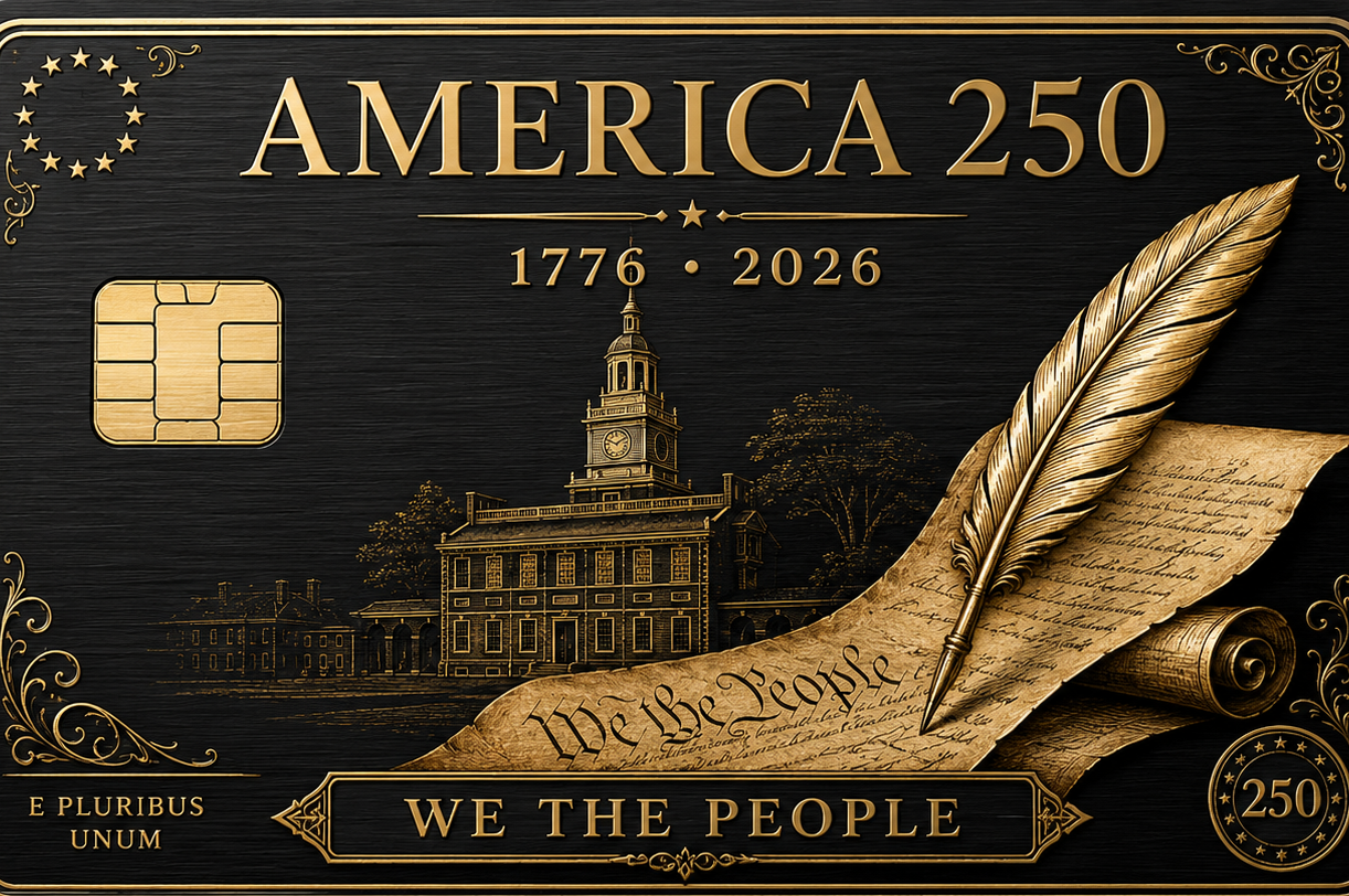 Ornate gold and black commemorative metal credit card with a quill pen, Constitution parchment reading We the People, and Independence Hall