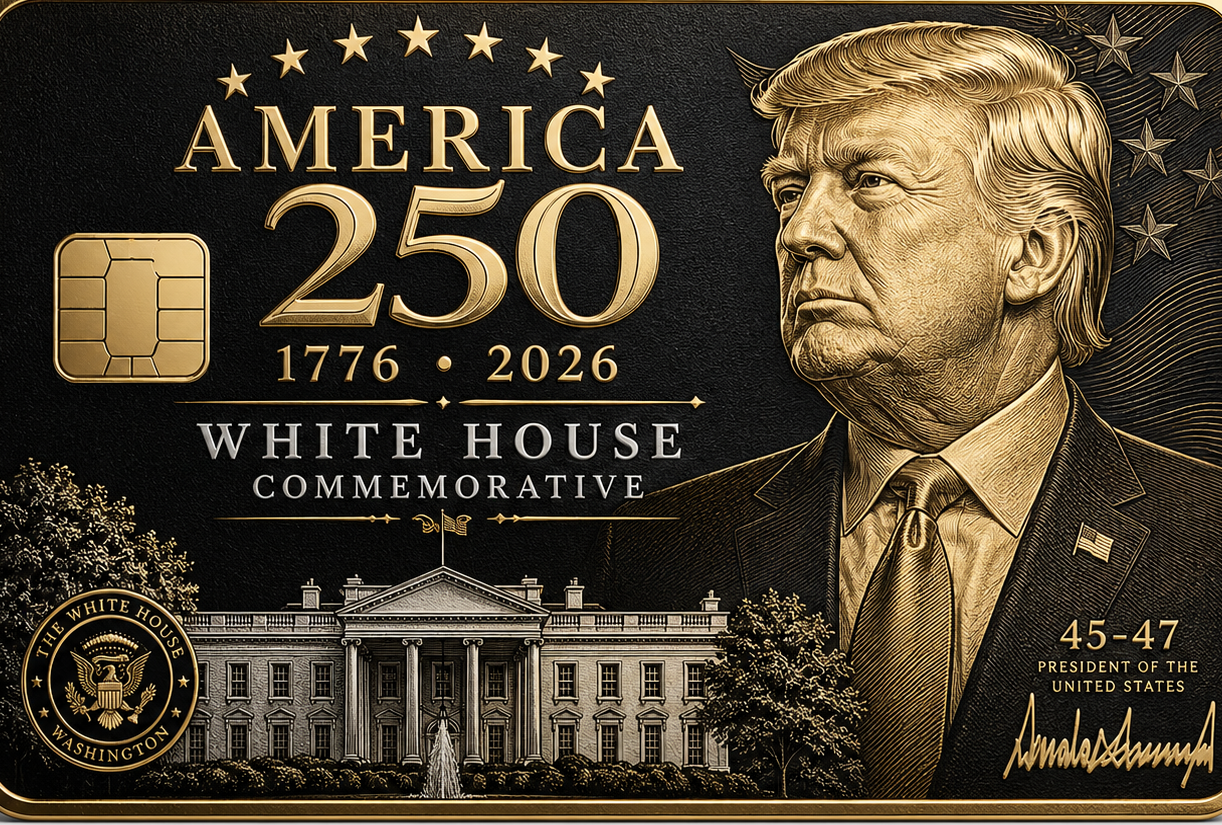 Commemorative metal credit card with a presidential profile portrait, the White House, a signature, and White House Commemorative lettering