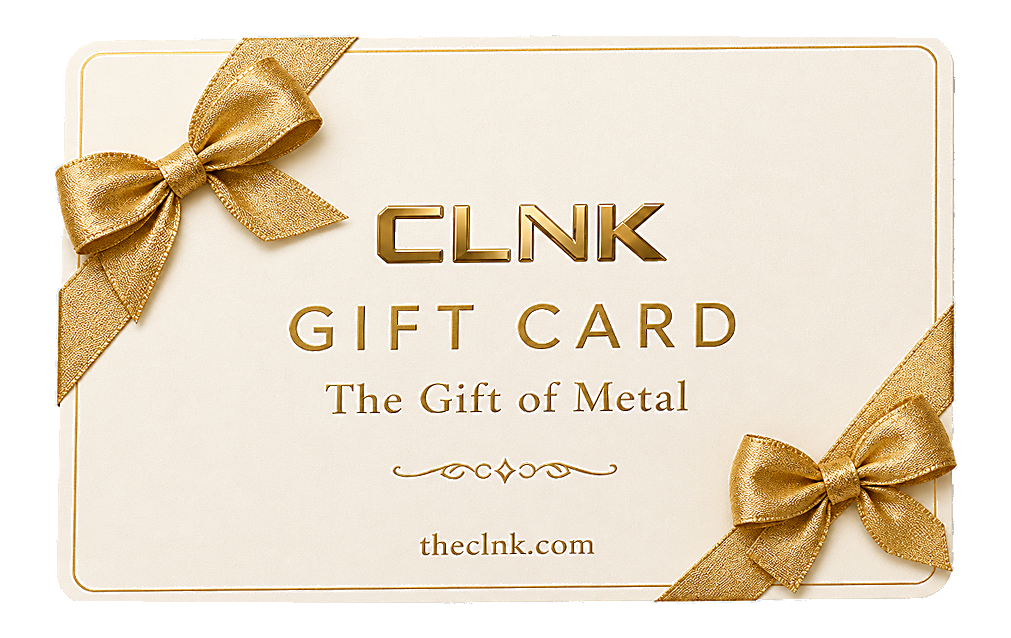 CLNK engraved metal gift card — The Gift of Metal, gold bows on cream