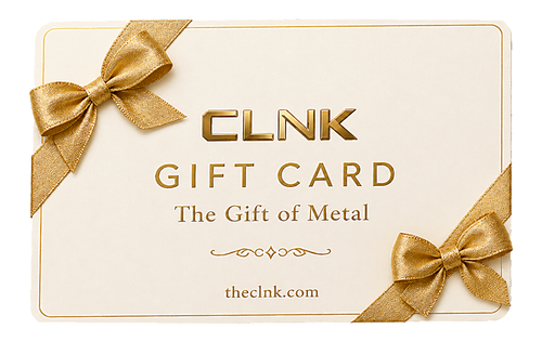 CLNK engraved metal gift card — The Gift of Metal, gold bows on cream