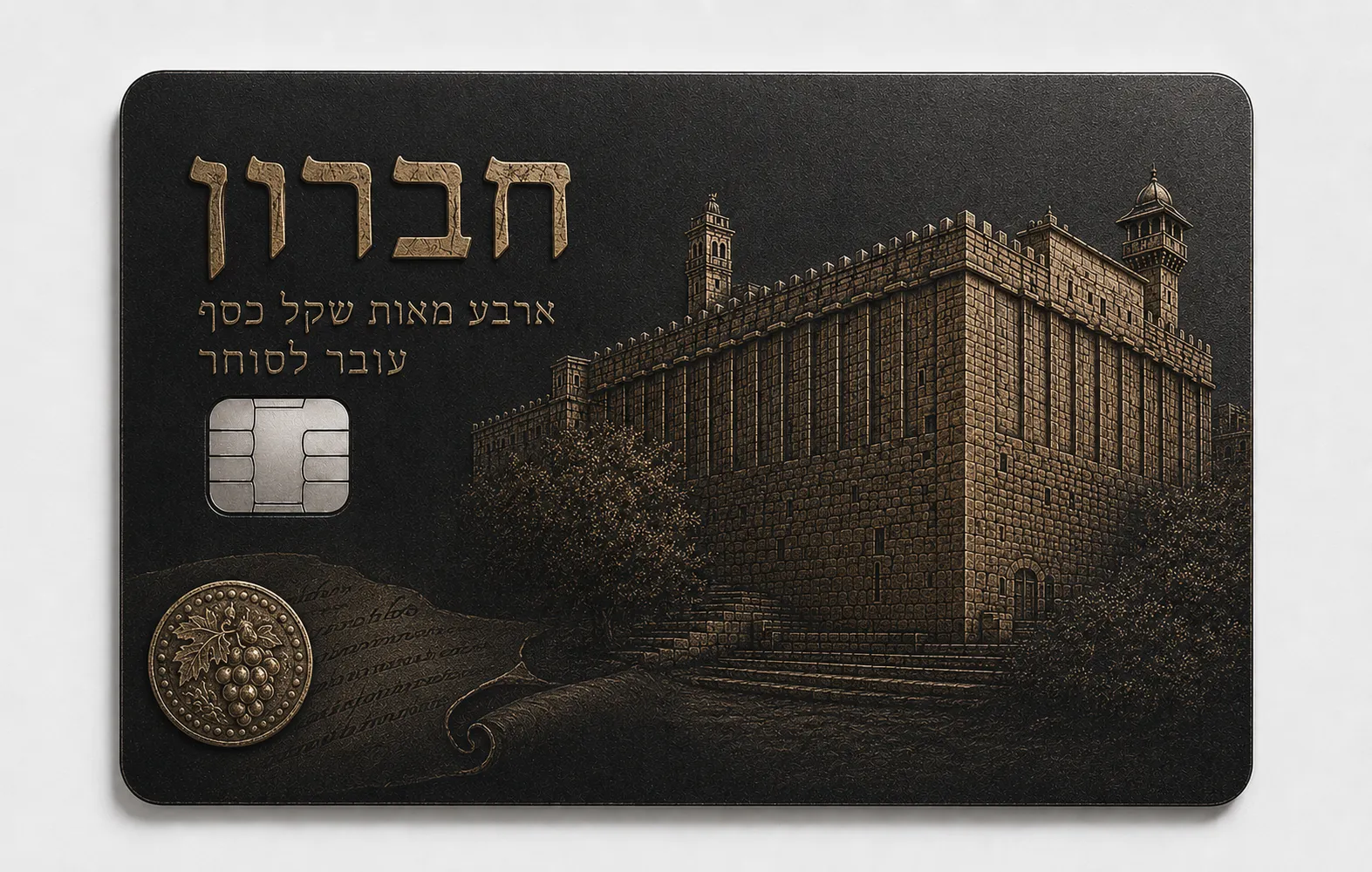 Metal credit card with a detailed engraving of ancient fortified stone walls and structures of old Jerusalem with Hebrew lettering