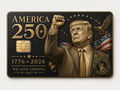 Commemorative metal credit card with a patriotic figure with raised fist, stars, and America 250 1776-2026 lettering