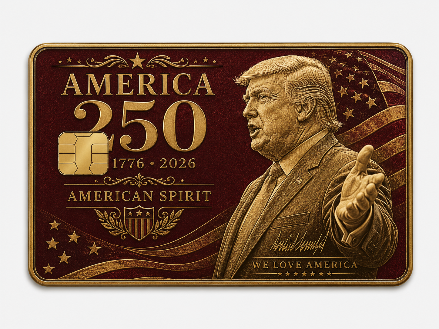 Burgundy and gold commemorative metal credit card with a patriotic profile portrait, shield emblem, stars, and American Spirit lettering
