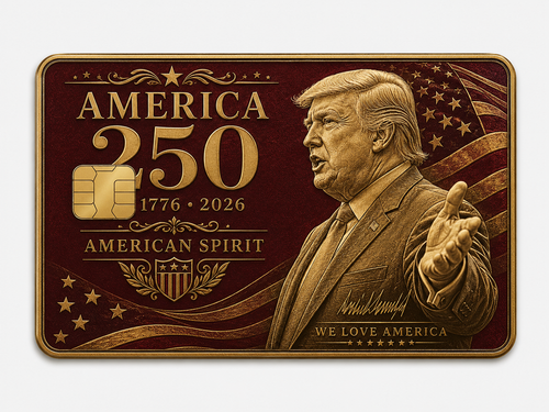 Burgundy and gold commemorative metal credit card with a patriotic profile portrait, shield emblem, stars, and American Spirit lettering
