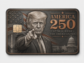 Commemorative metal credit card with a patriotic figure, the Capitol dome, the Washington Monument, and The American Era 1776-2026 lettering