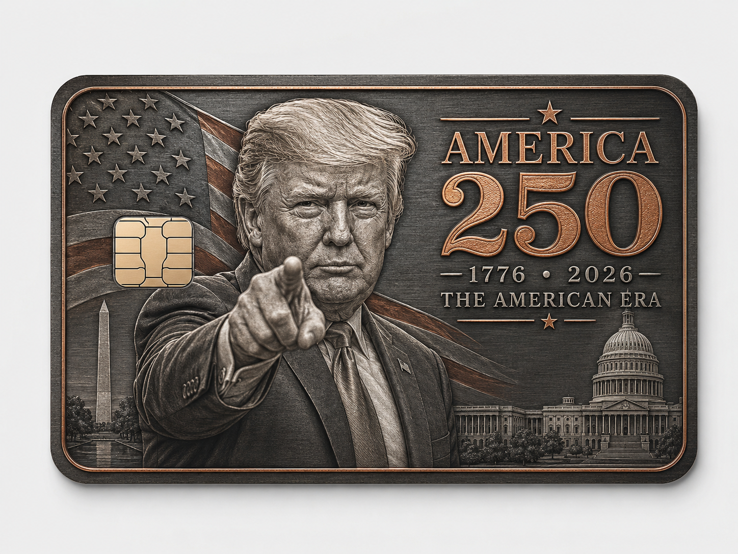 Commemorative metal credit card with a patriotic figure, the Capitol dome, the Washington Monument, and The American Era 1776-2026 lettering