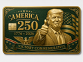 Green and gold commemorative metal credit card with a patriotic figure giving a thumbs-up, an eagle, a flag, and Victory Commemorative lettering