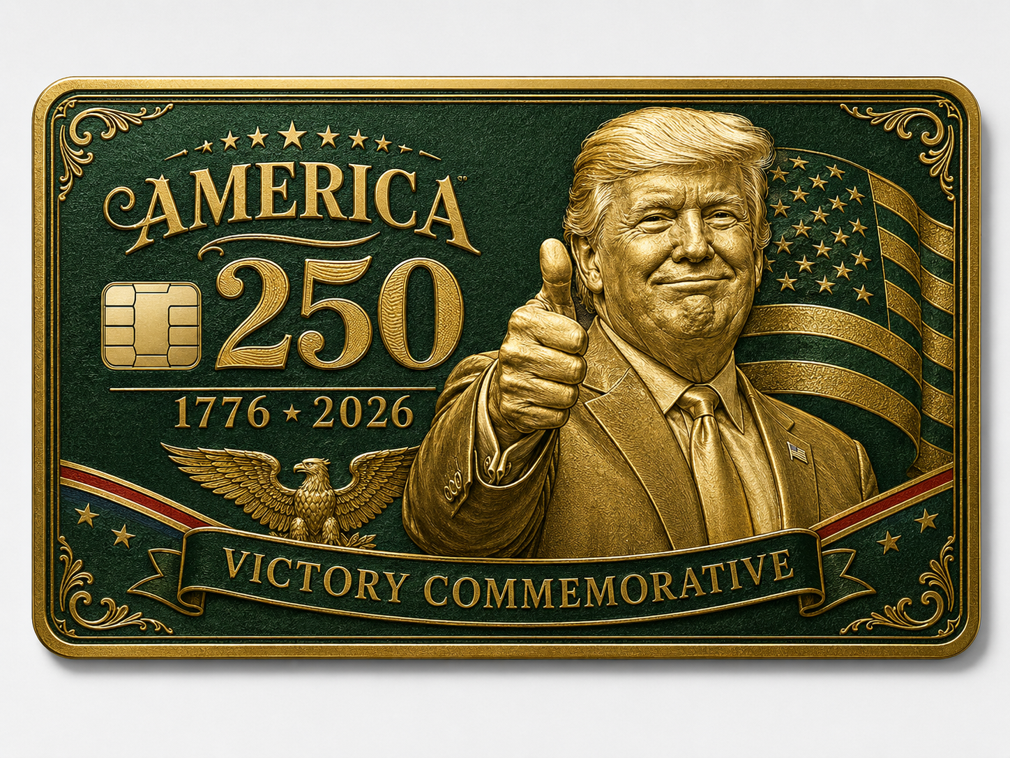 Green and gold commemorative metal credit card with a patriotic figure giving a thumbs-up, an eagle, a flag, and Victory Commemorative lettering