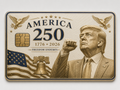 Cream-toned commemorative metal credit card with a patriotic figure, the Liberty Bell, and Freedom Endures lettering