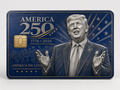 Blue and gold commemorative metal credit card with a patriotic figure above crowd silhouettes, stars, and America We Love lettering