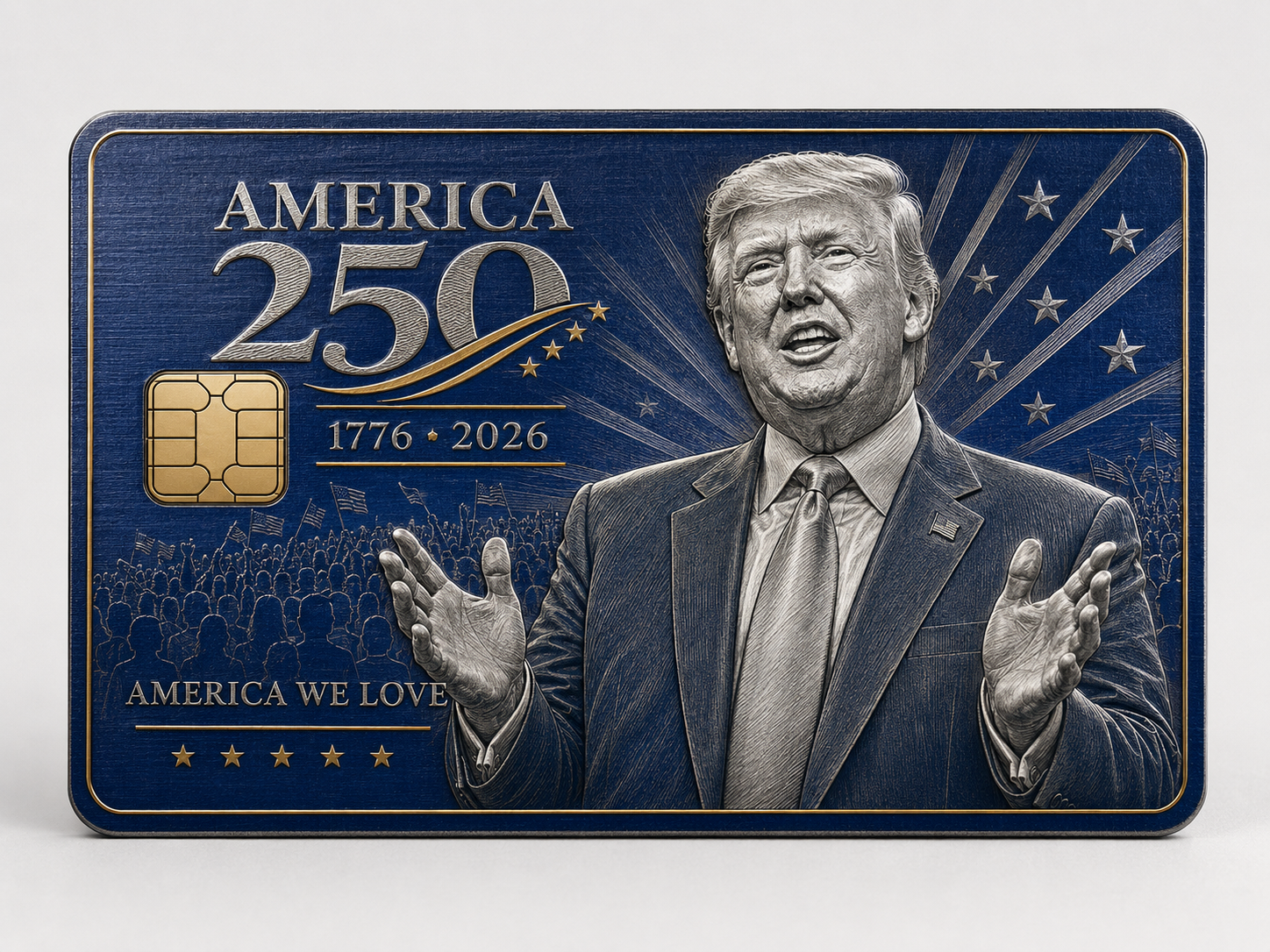 Blue and gold commemorative metal credit card with a patriotic figure above crowd silhouettes, stars, and America We Love lettering