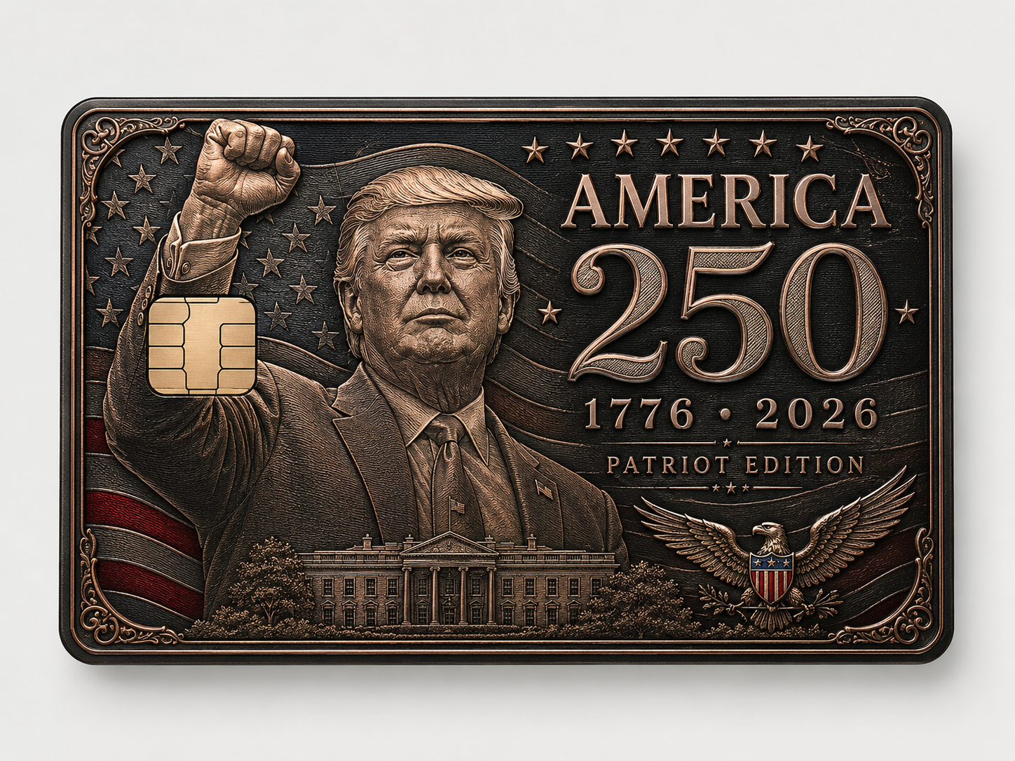 Commemorative metal credit card with a patriotic figure with raised fist, flag background, ornate border, White House, eagle seal, and Patriot Edition lettering