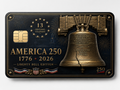 Dark navy commemorative metal credit card with the Liberty Bell, a 13 Original Colonies ring motif, fireworks, and America 250 1776-2026 lettering