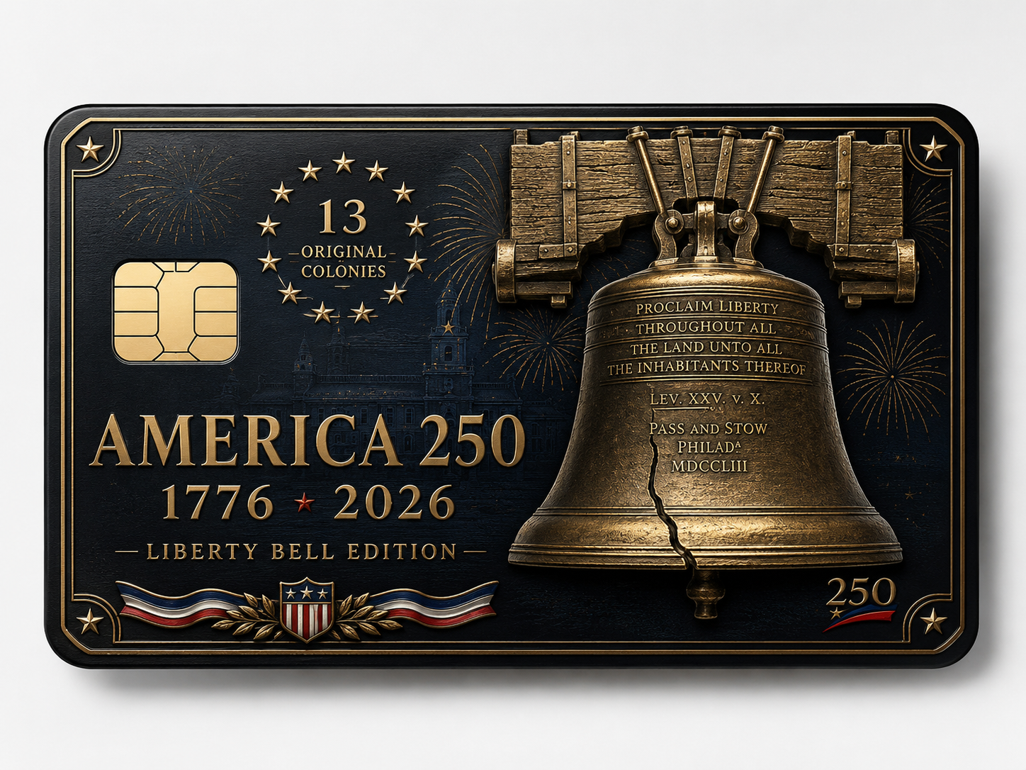 Dark navy commemorative metal credit card with the Liberty Bell, a 13 Original Colonies ring motif, fireworks, and America 250 1776-2026 lettering