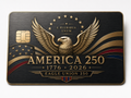 Commemorative metal credit card with the Great Seal eagle, E Pluribus Unum motto, flag waves, stars, and Eagle Union 250 lettering