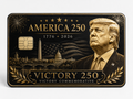 Commemorative metal credit card with a patriotic profile portrait over the DC skyline with the Capitol and Washington Monument, laurel wreaths, and Victory 250 lettering