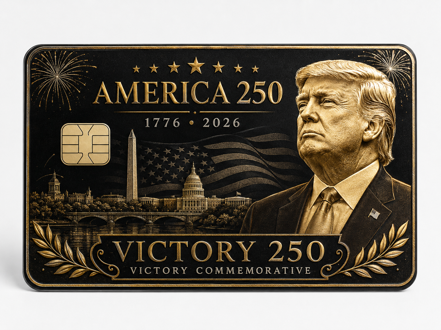 Commemorative metal credit card with a patriotic profile portrait over the DC skyline with the Capitol and Washington Monument, laurel wreaths, and Victory 250 lettering