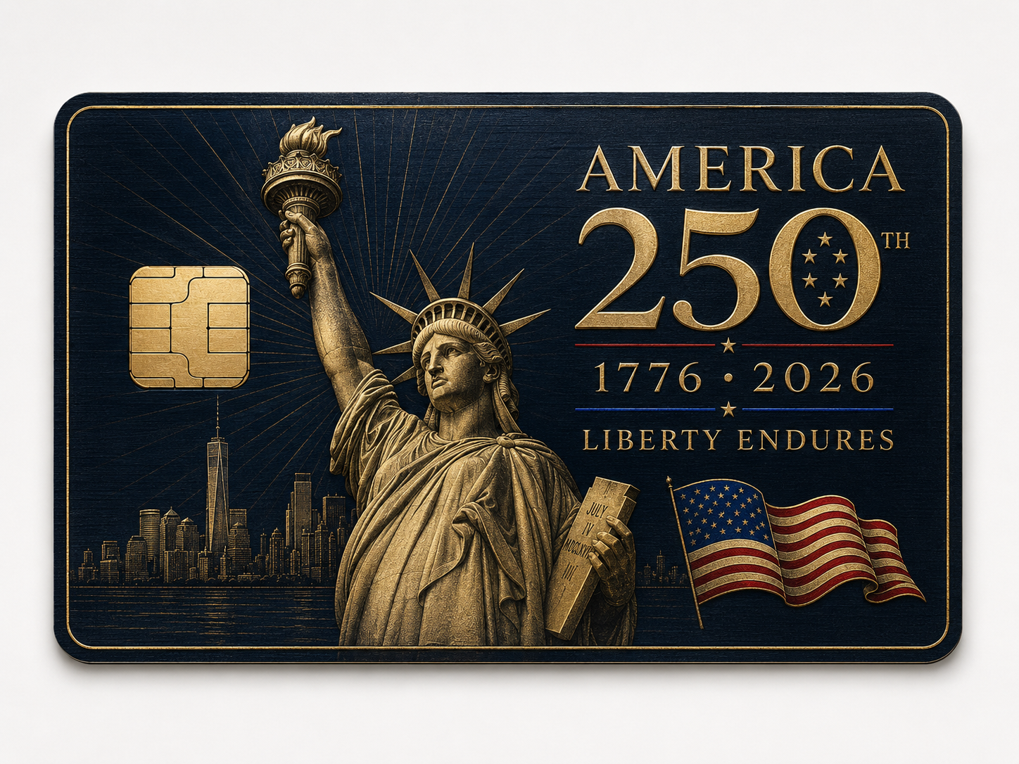 Dark navy and gold commemorative metal credit card with a full-length Statue of Liberty, NYC skyline, and Liberty Endures lettering
