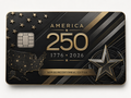 Modern commemorative metal credit card with a US map of golden interconnected city lights, large 250 numerals, and Semiquincentennial Edition lettering