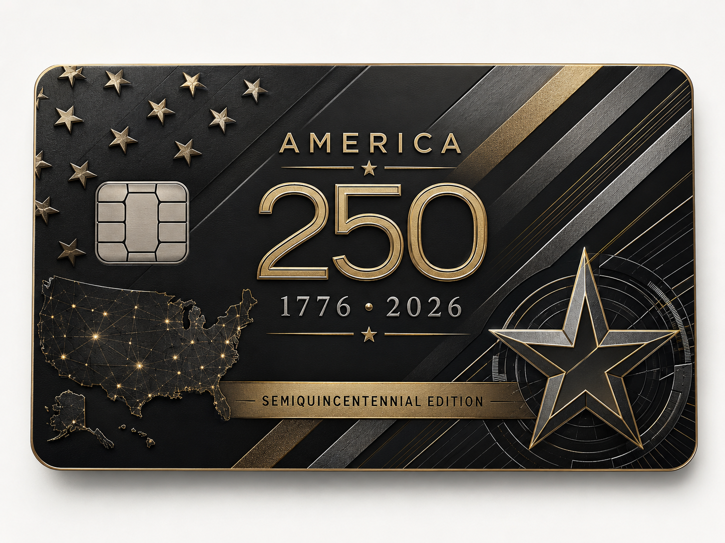 Modern commemorative metal credit card with a US map of golden interconnected city lights, large 250 numerals, and Semiquincentennial Edition lettering