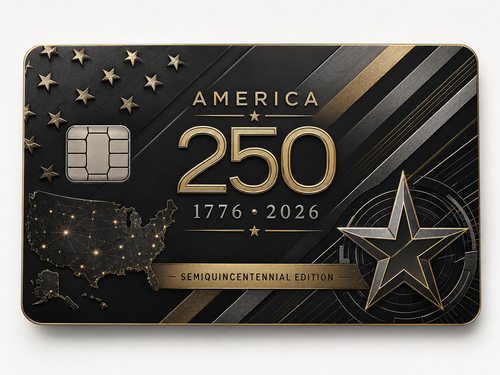 Modern commemorative metal credit card with a US map of golden interconnected city lights, large 250 numerals, and Semiquincentennial Edition lettering