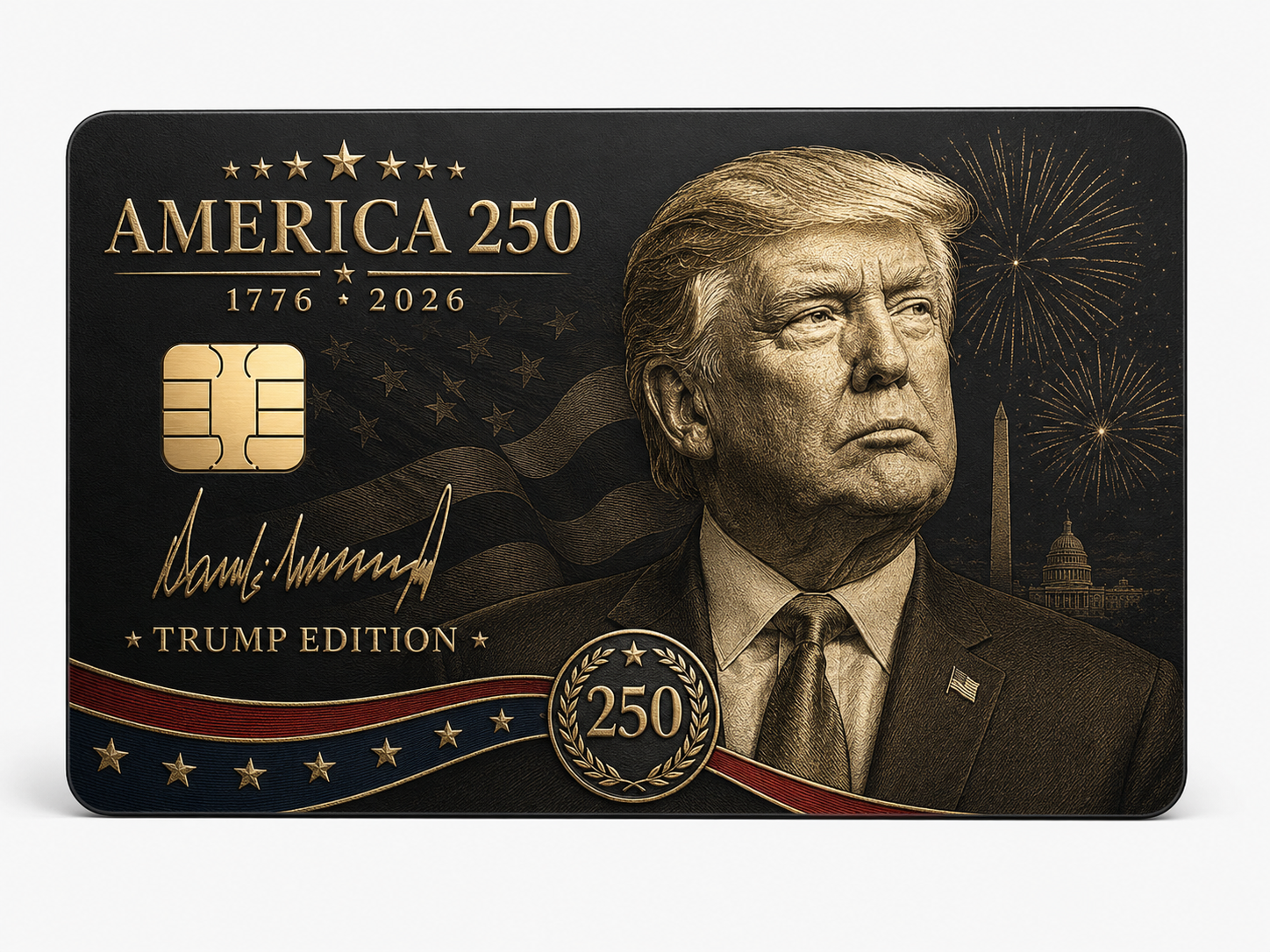 Commemorative metal credit card with a presidential profile portrait, Capitol dome, presidential seal, signature, and Trump Edition America 250 1776-2026 lettering
