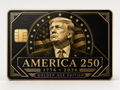Commemorative metal credit card with a profile portrait in an ornate circular medallion over a flag background and Golden Age Edition lettering