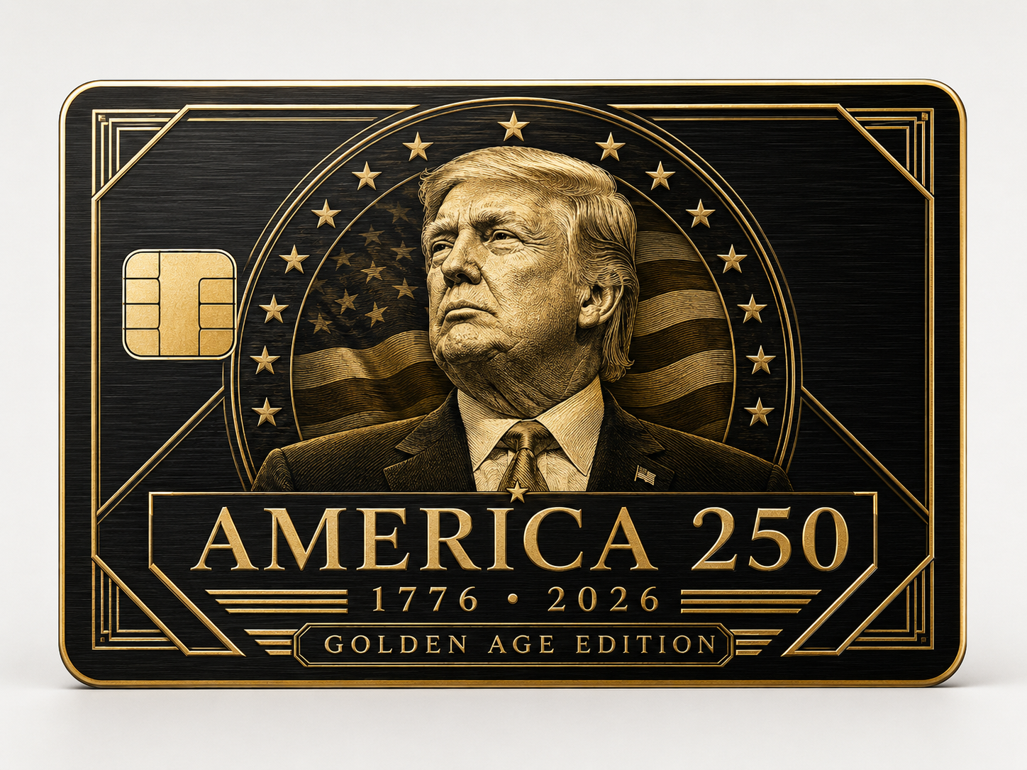 Commemorative metal credit card with a profile portrait in an ornate circular medallion over a flag background and Golden Age Edition lettering
