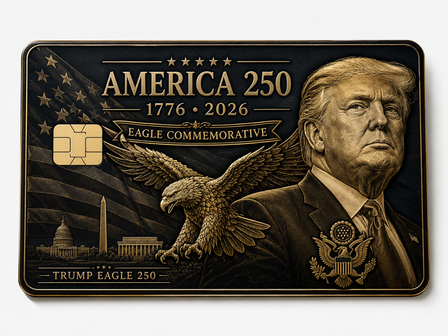 Commemorative metal credit card with a presidential profile portrait, an eagle, the Capitol building, and Trump Eagle 250 Eagle Commemorative lettering