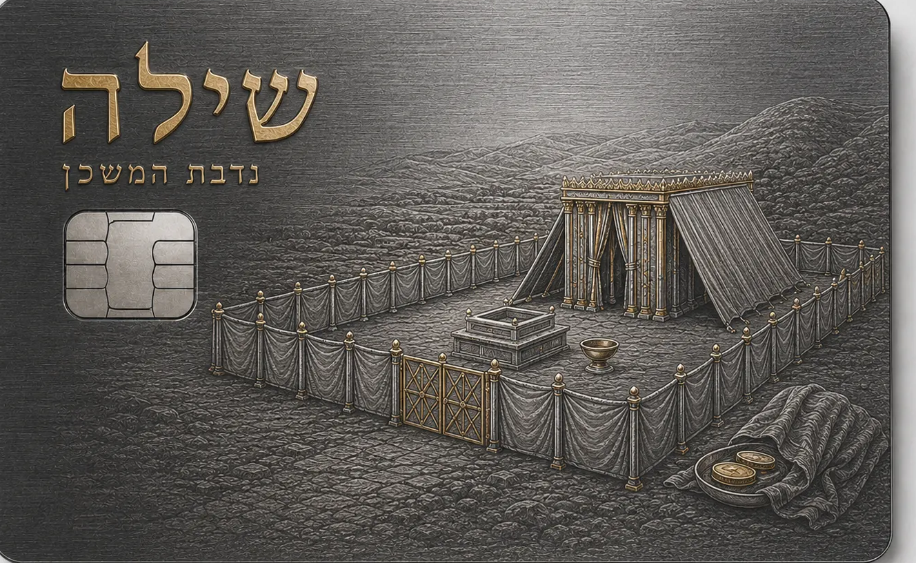 Metal credit card with a detailed engraved rendering of an ancient Temple courtyard scene with an altar and Hebrew lettering at the top