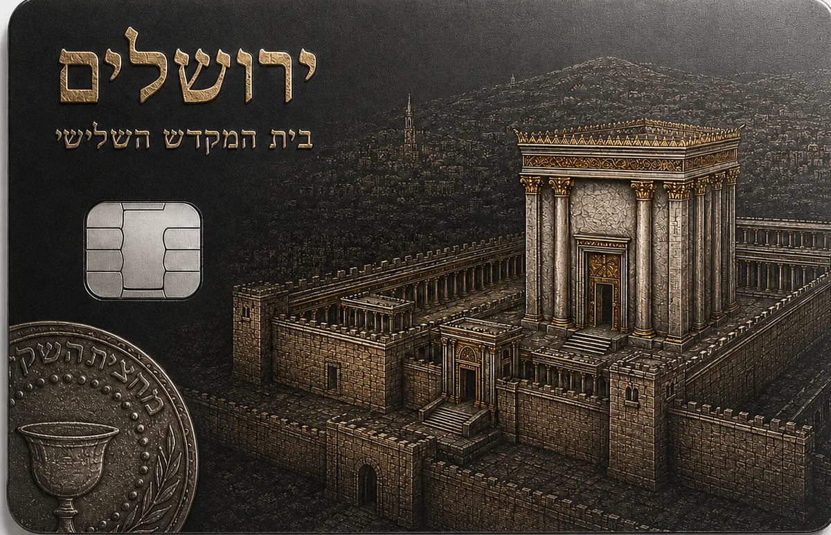 Metal credit card with an engraved aerial vision of the Holy Temple over Jerusalem, an ancient chalice-design shekel coin in the lower corner, and Hebrew lettering on the left