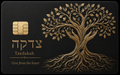 Black metal credit card engraved with an ornate gold tree and Hebrew lettering, with the tagline Give from the heart